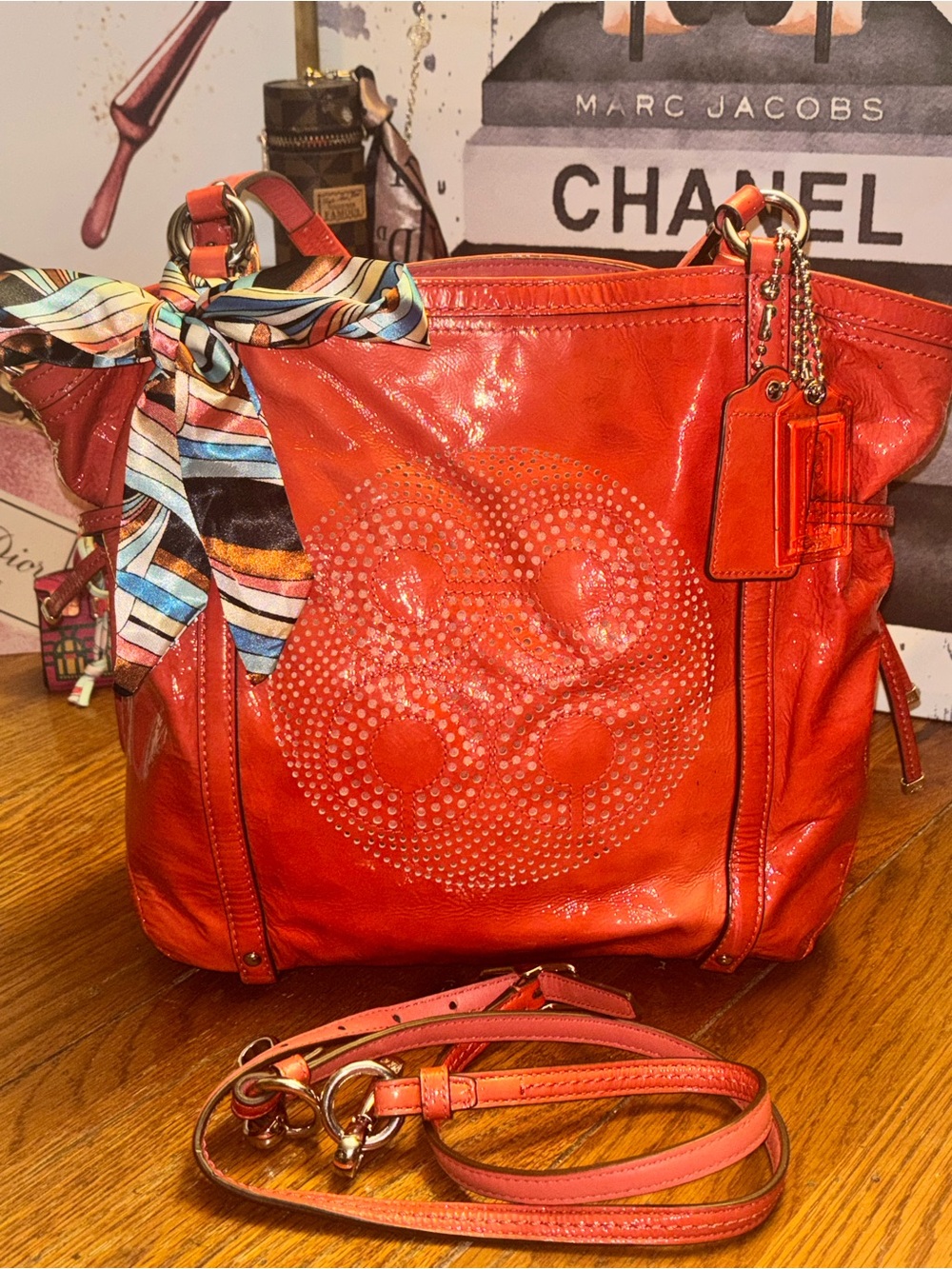 Coach Audrey 19571 Coral Patent Op Art Cinched Tote Crossbody
